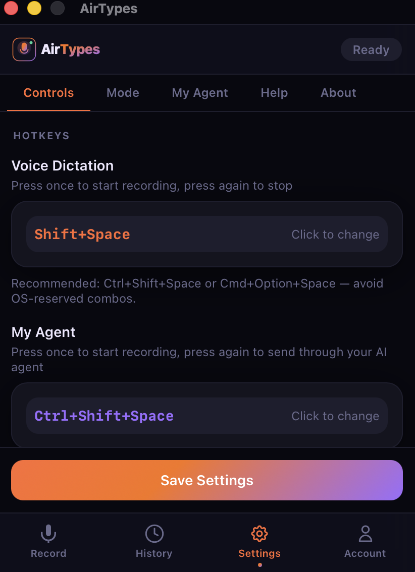 AirTypes hotkey settings