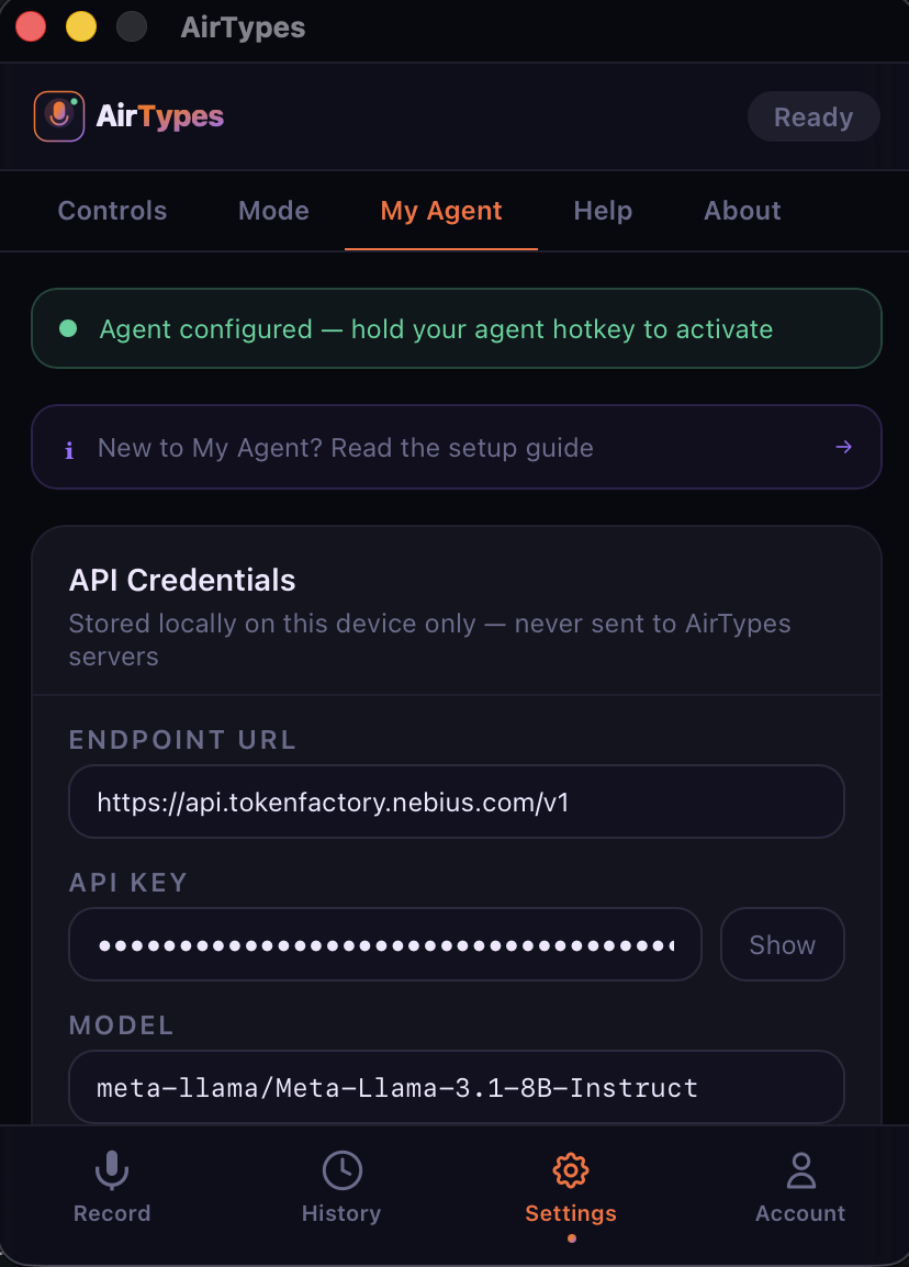 AirTypes My Agent setup