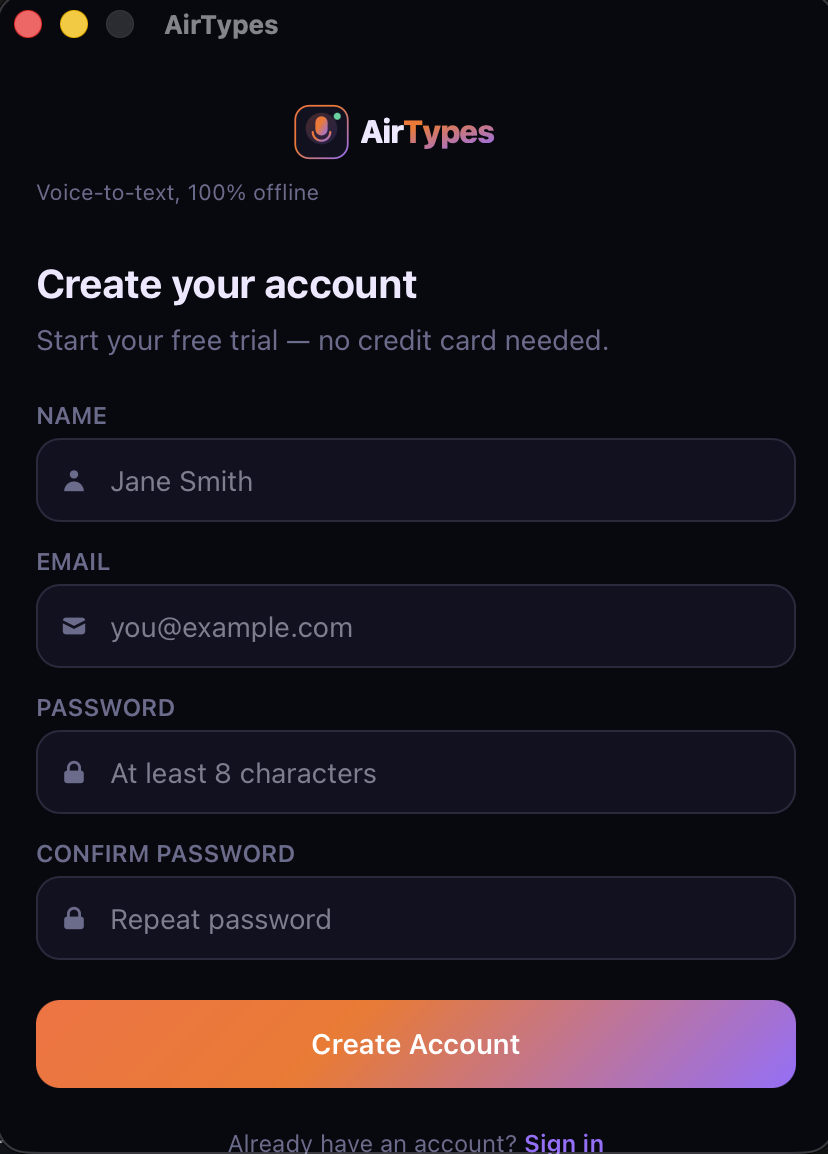 AirTypes signup screen — create account form with name, email, password fields and a 'Start your free trial — no credit card needed' message
