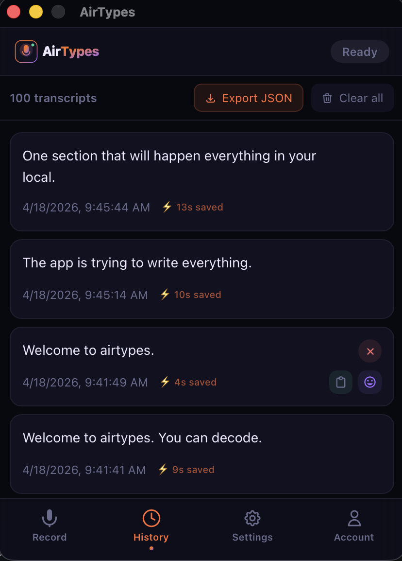 AirTypes transcript history