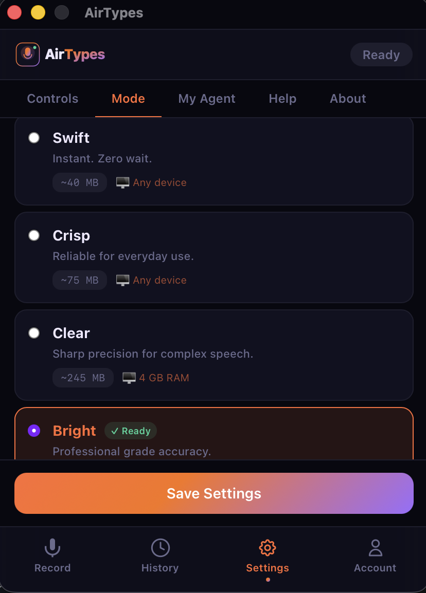 AirTypes Whisper selector